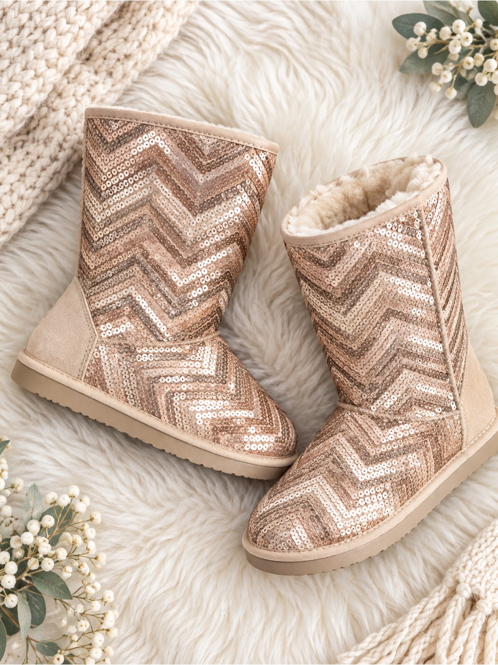 Justice Girls Rose Gold Sequin Faux Fur Winter Boots Size 7 Big Girl NWT